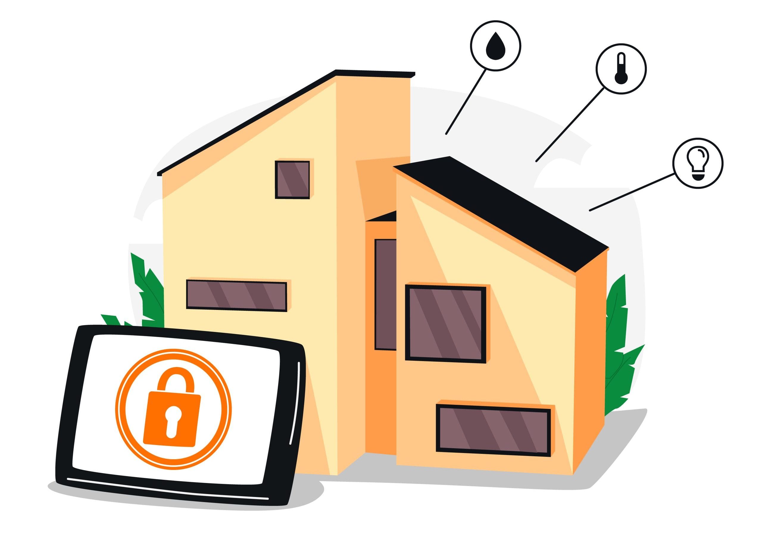 Modern smart home with automation and remote control security system. House with wireless monitoring thermostat, electricity, surveillance and network connection at mobile device. Vector illustration.